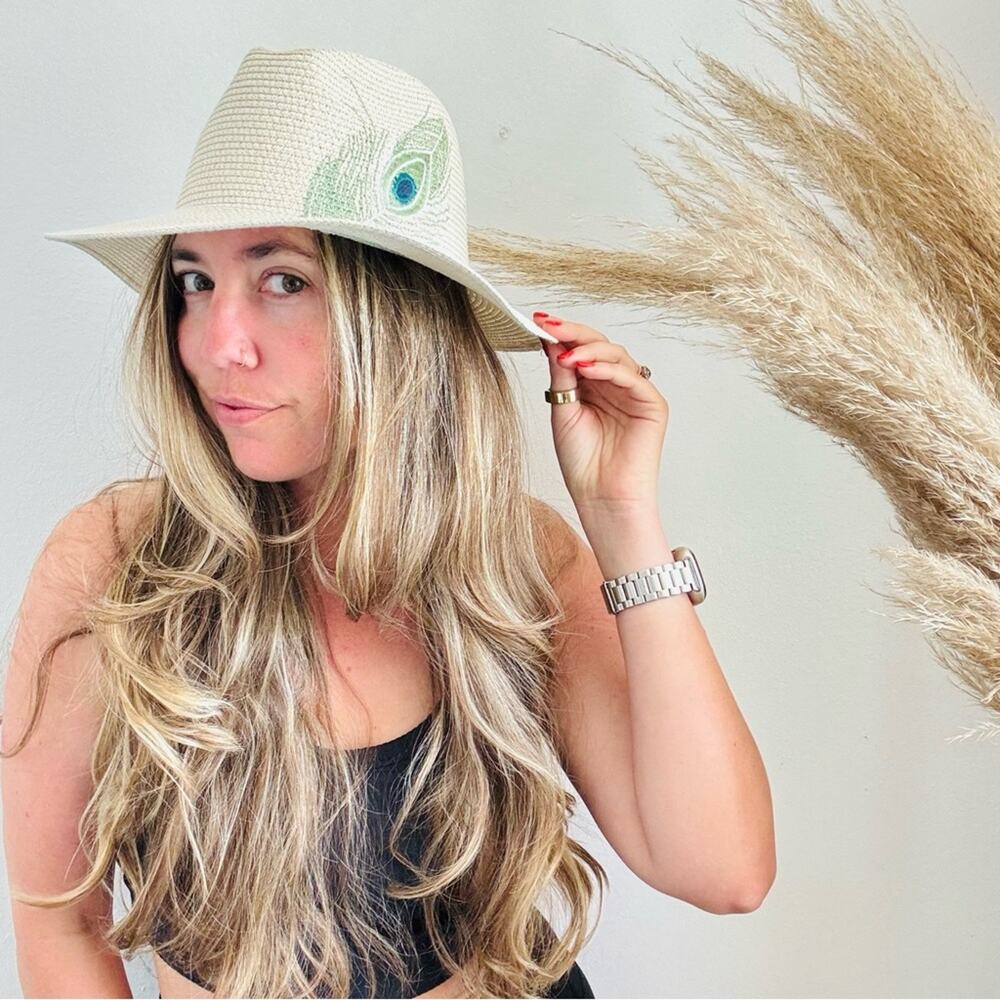VINTAGE NORDSTROM Cream Tan Straw Wide Visor Brim Green Peacock Fedora Sun Hat - Picture 7 of 11